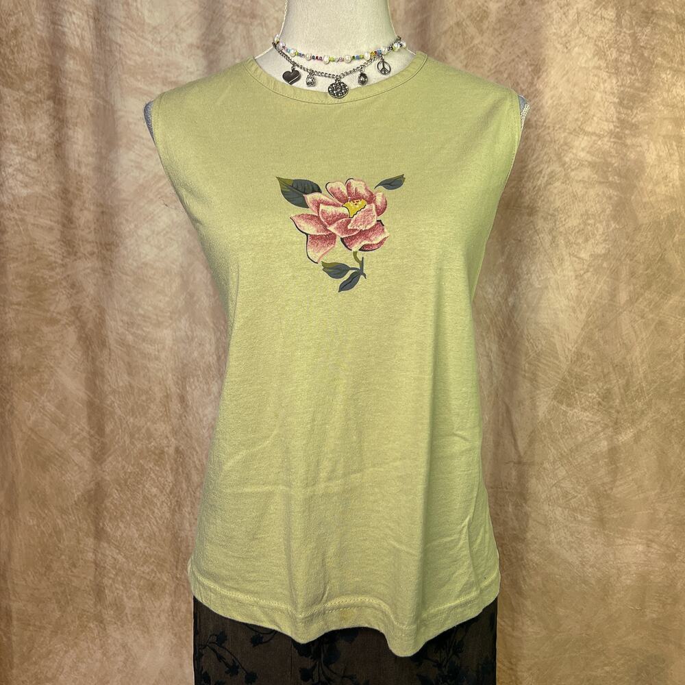 Floral Rose Tank Top Sleeveless Graphic Tee Green Round Neck Vintage Y2K Fairy